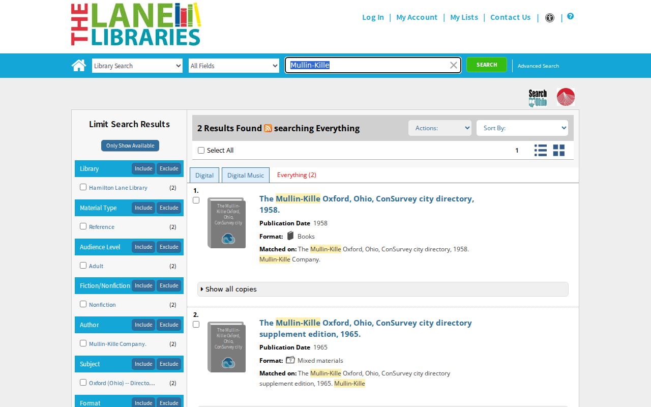 Oxford Township city directory Mullin-Kille catalog search results