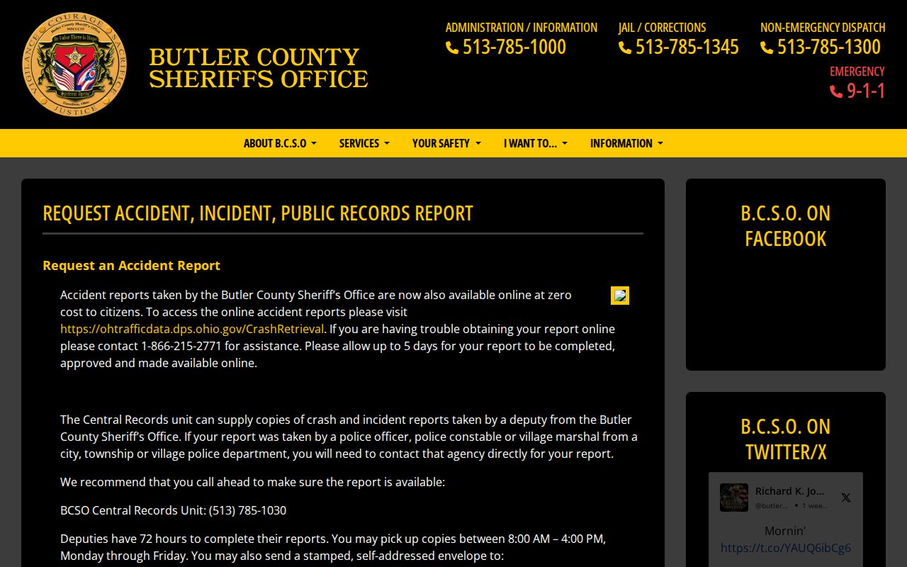 Oxford Township residents directory Butler County Sheriff records request